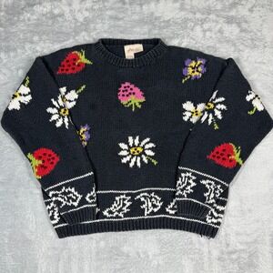 Vintage Ann Wi Sweater Women S/M Black Flower Strawberry Beaded Cottagecore Fade
